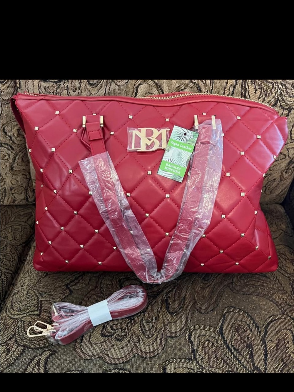 Red Quilted Tote Bag with Gold Logo